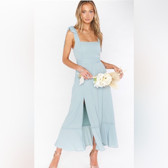 SHOW ME YOUR MUMU Claire Elegant Silver Sage crisp Midi Dress Bridesmaid wedding - Picture 1 of 12